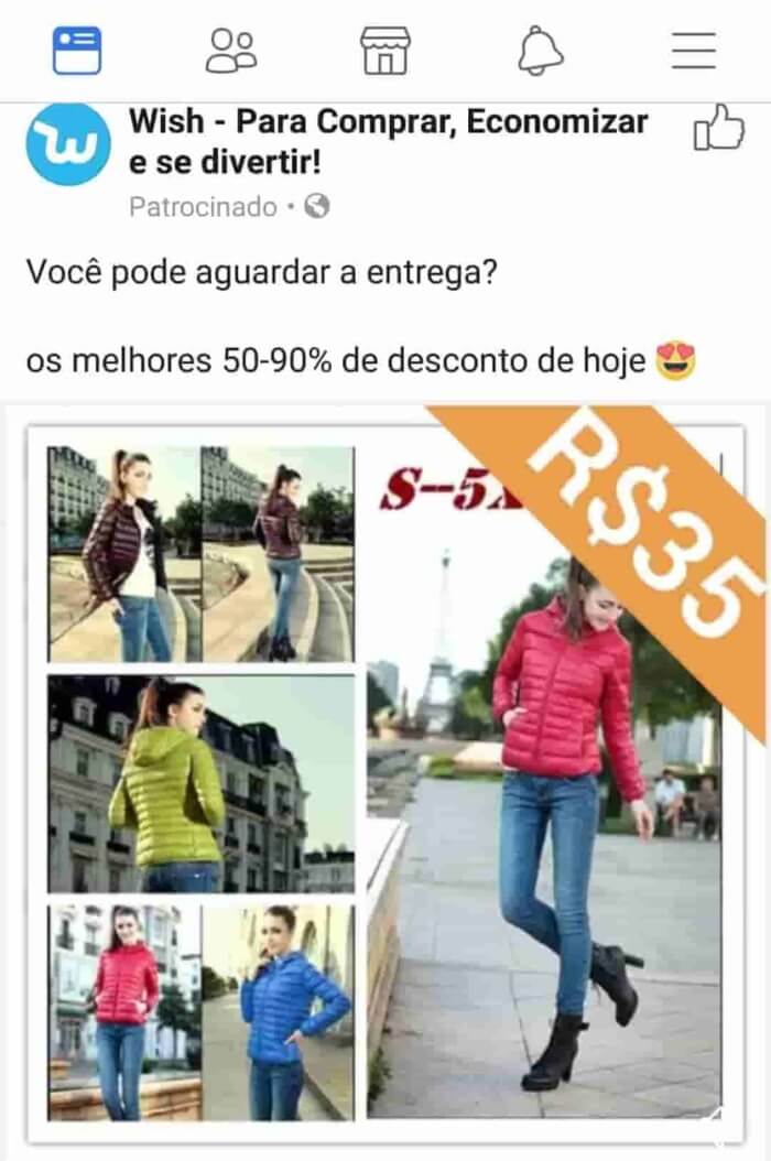 Anúncio do site Wish dentro do app mobile do Facebook
