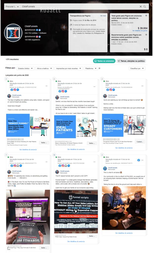 visual da biblioteca de anúncios do facebook