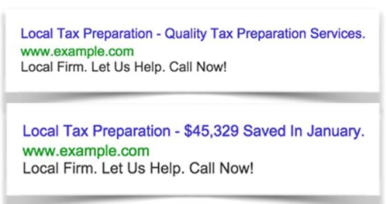 Different examples of ad headlines, one with a number and one without.