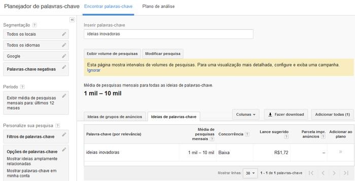 encontrar informações sobre nicho de mercado no keyword planner do google