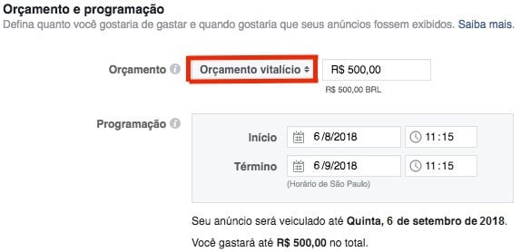opção de orçamento vitalício dentro do Facebook Ads