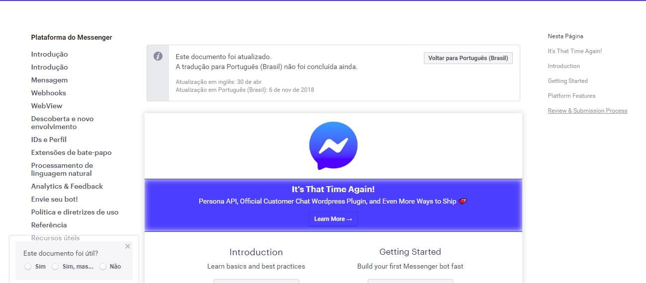 tela inicial do site facebook messenger platform para criação de chatbots para facebook