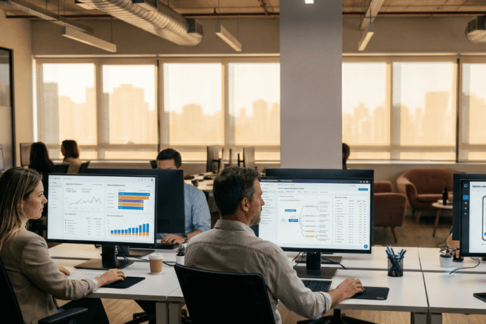 equipe de marketing analisando dados em dashboards em computadores dentro de escritório moderno, com foco em métricas e desempenho digital.
