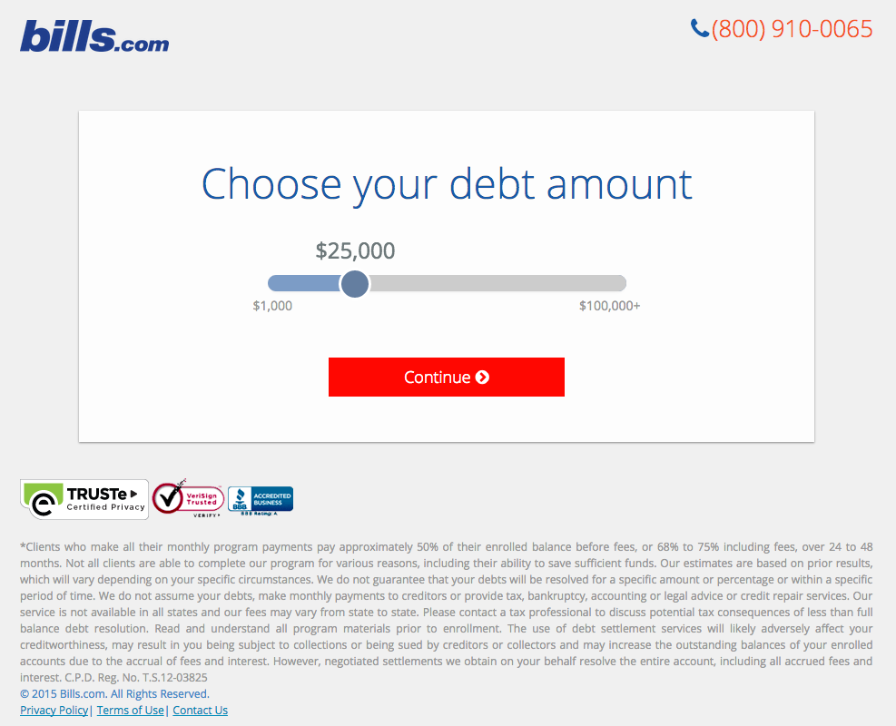 exemplo de landing page do site  bills.com