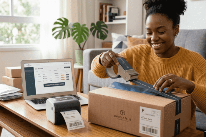 uma mulher preparando um envio de um pedido de ecommerce