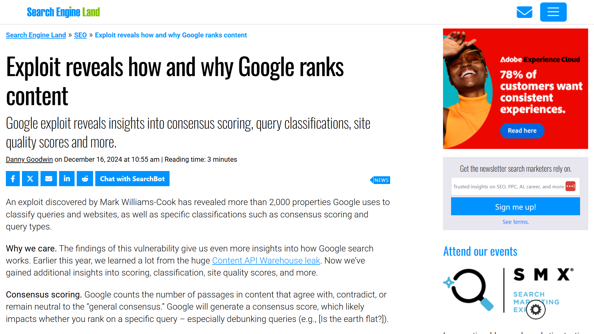 Search Engine Land article about a Google exploit revealing insights into how they rank content. 