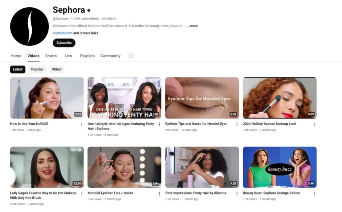 Sephora's YouTube channel